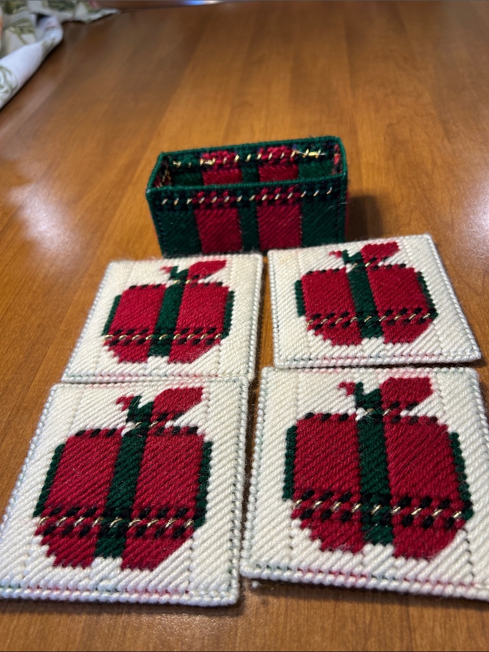 Handcrafted Red & Green Plaid Coaster Set with Holder Needlepoint